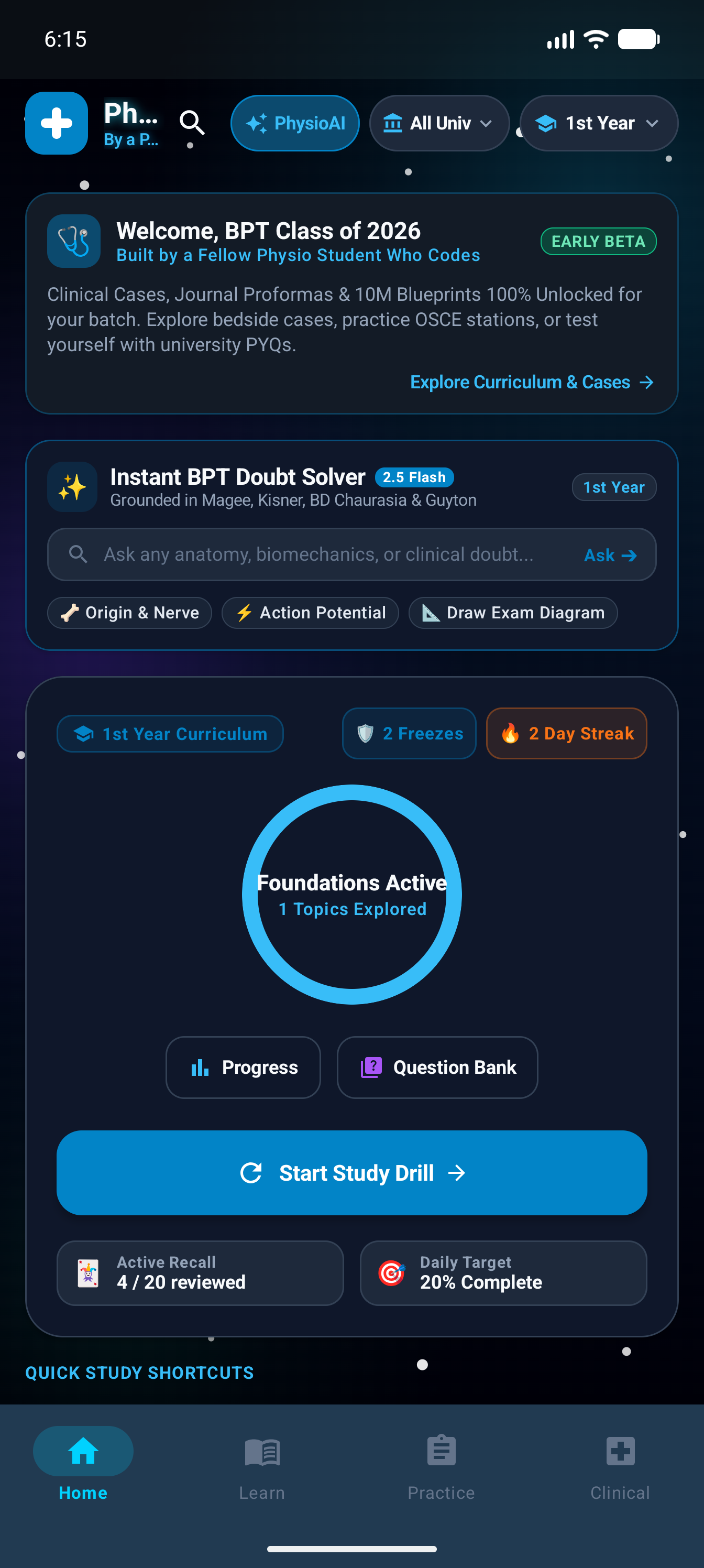 PhysioPilot active curriculum home screen (Dark Mode)