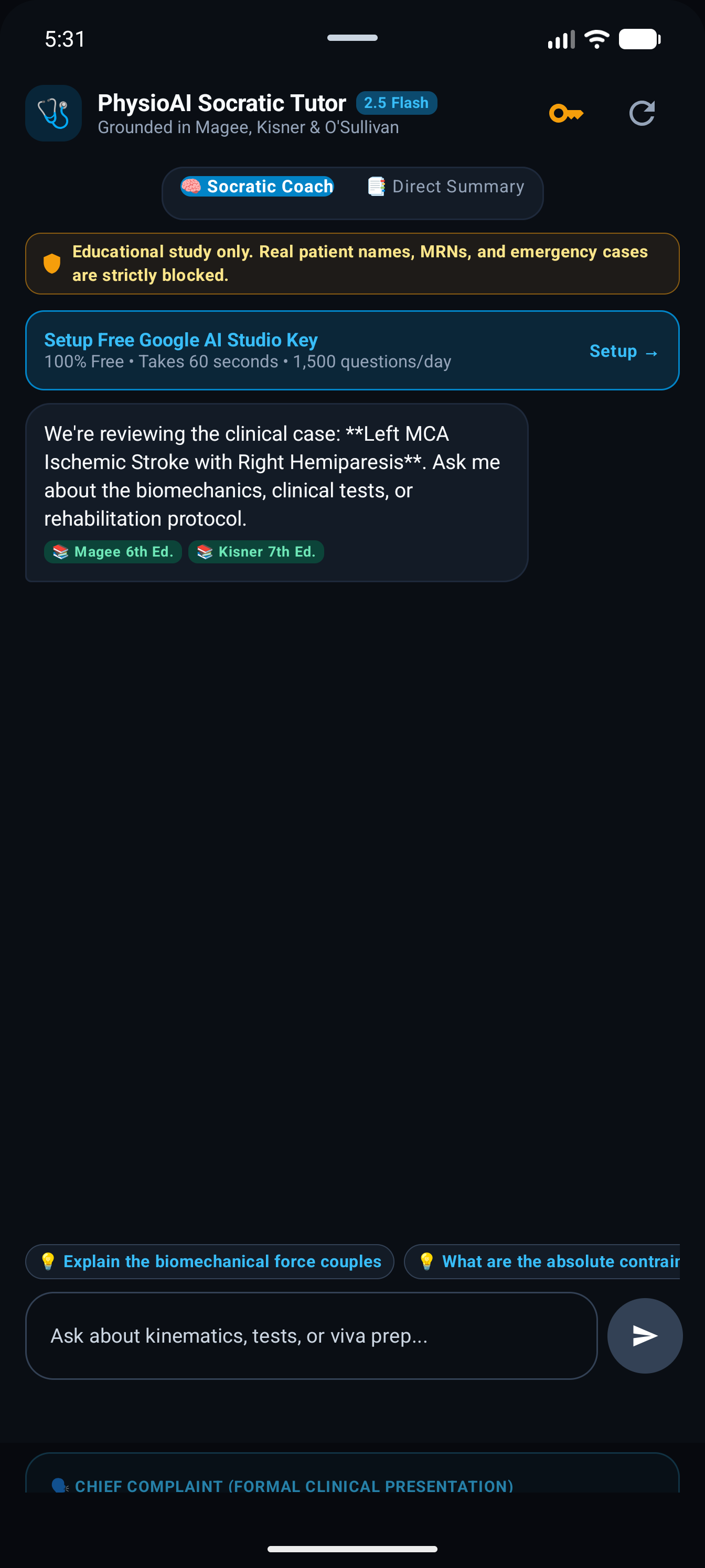 PhysioAI Socratic assistant in Android drawer (Dark Mode)
