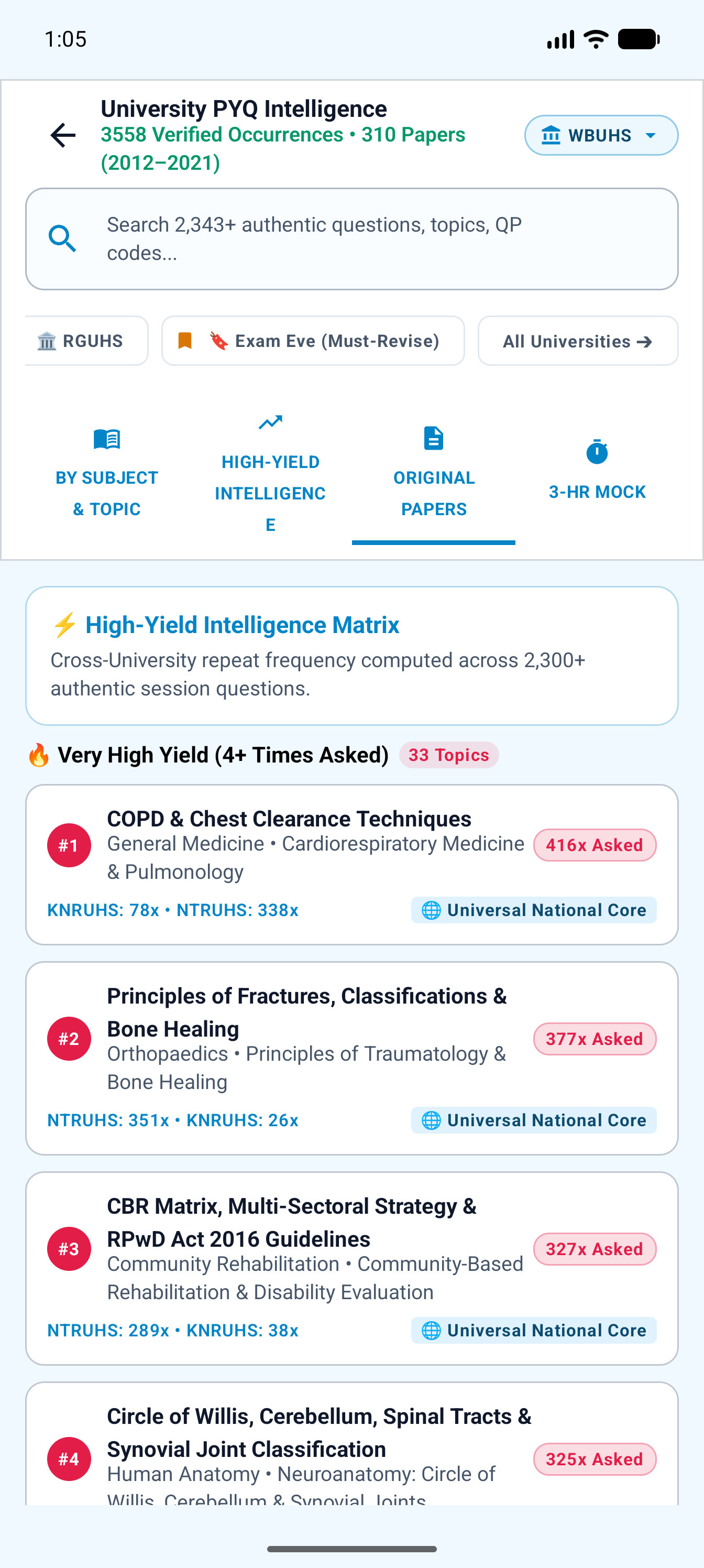PhysioPilot University Exam Yield Hub showing WBUHS papers and exam outlines (Light Mode)