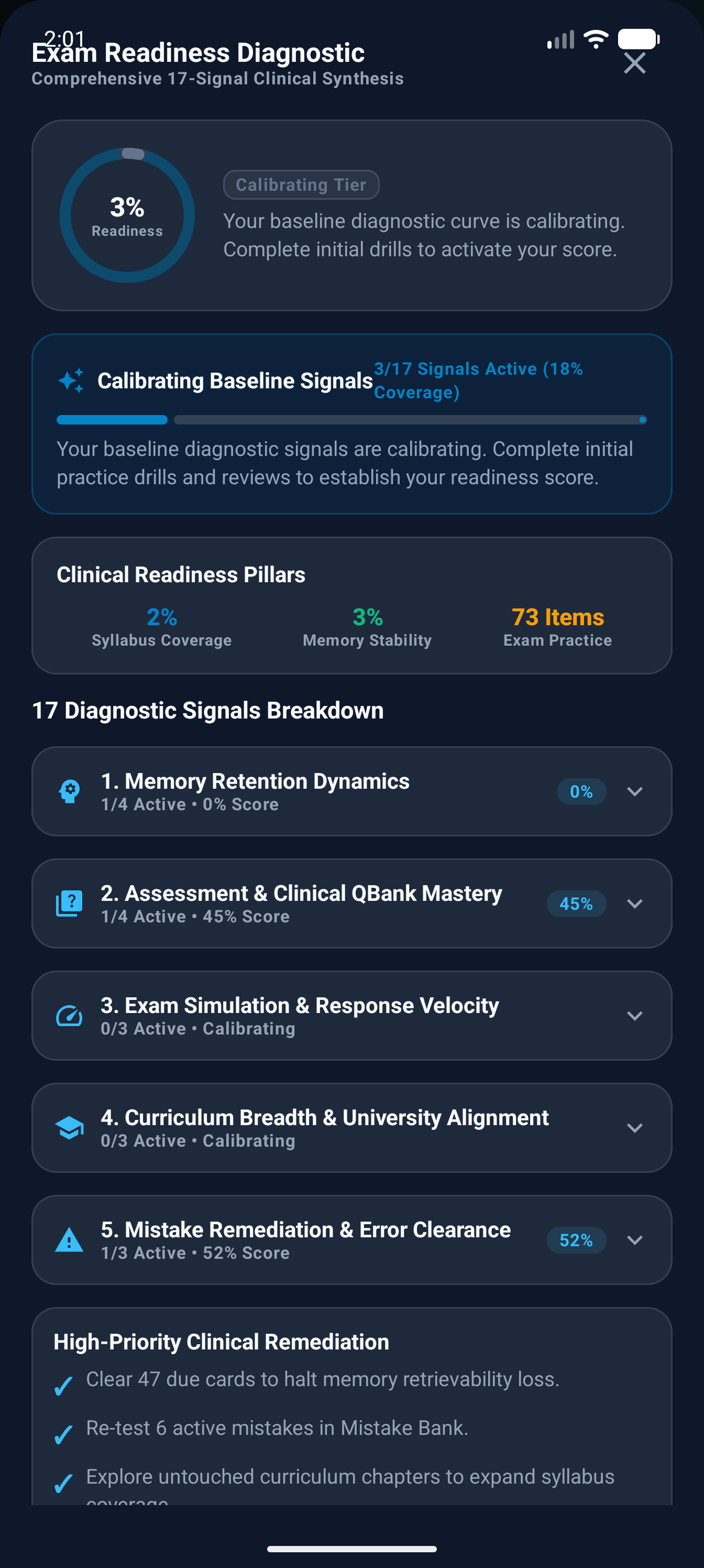 University exam readiness scoring outline (Dark Mode)