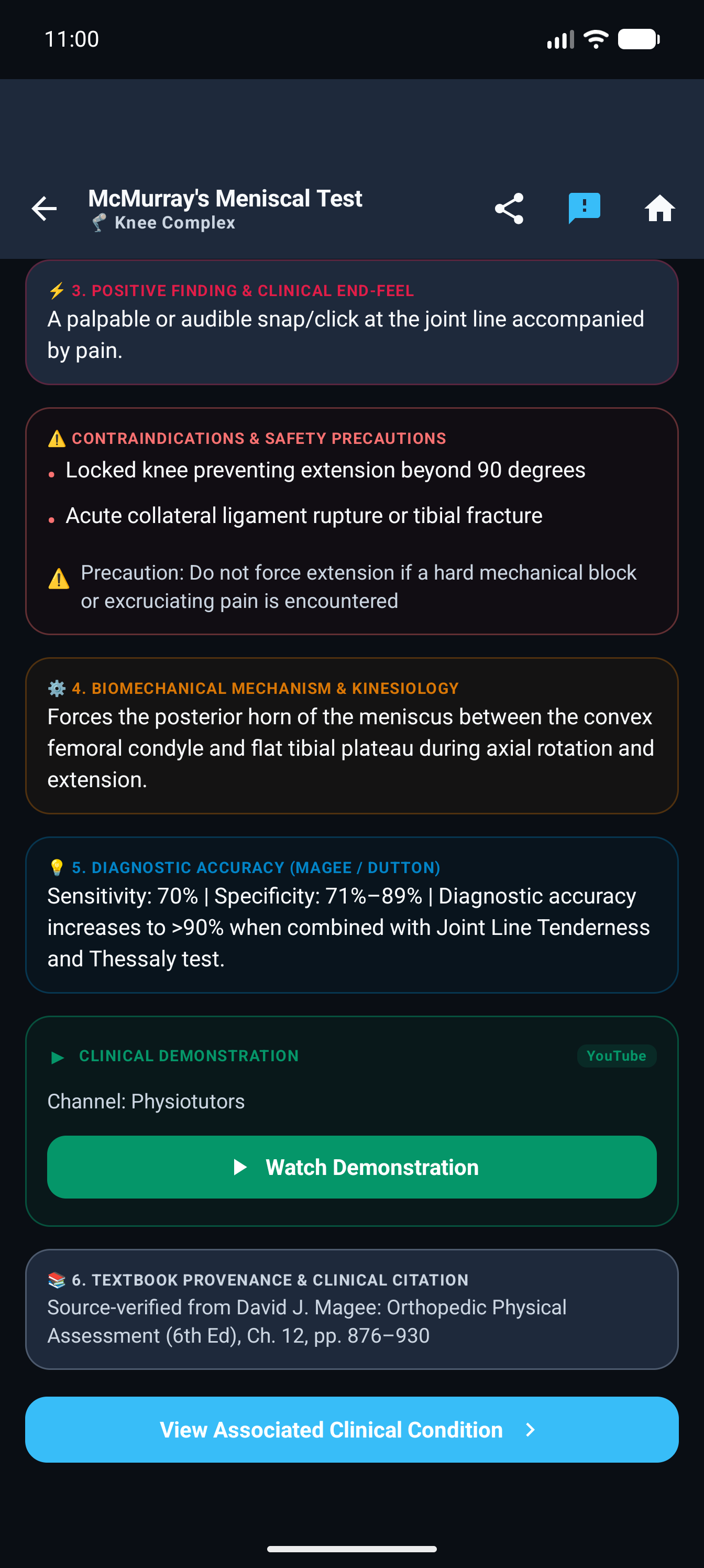 Clinical special test demonstration card (Dark Mode)